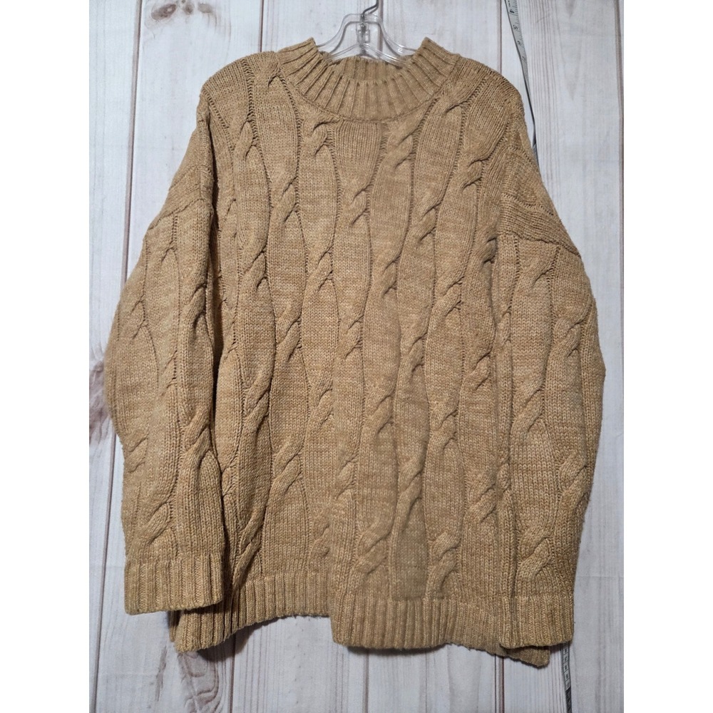Lands End Women's Tan Cable Knit Sweater Long Sleeve Crew Neck‎ Size L 14-16